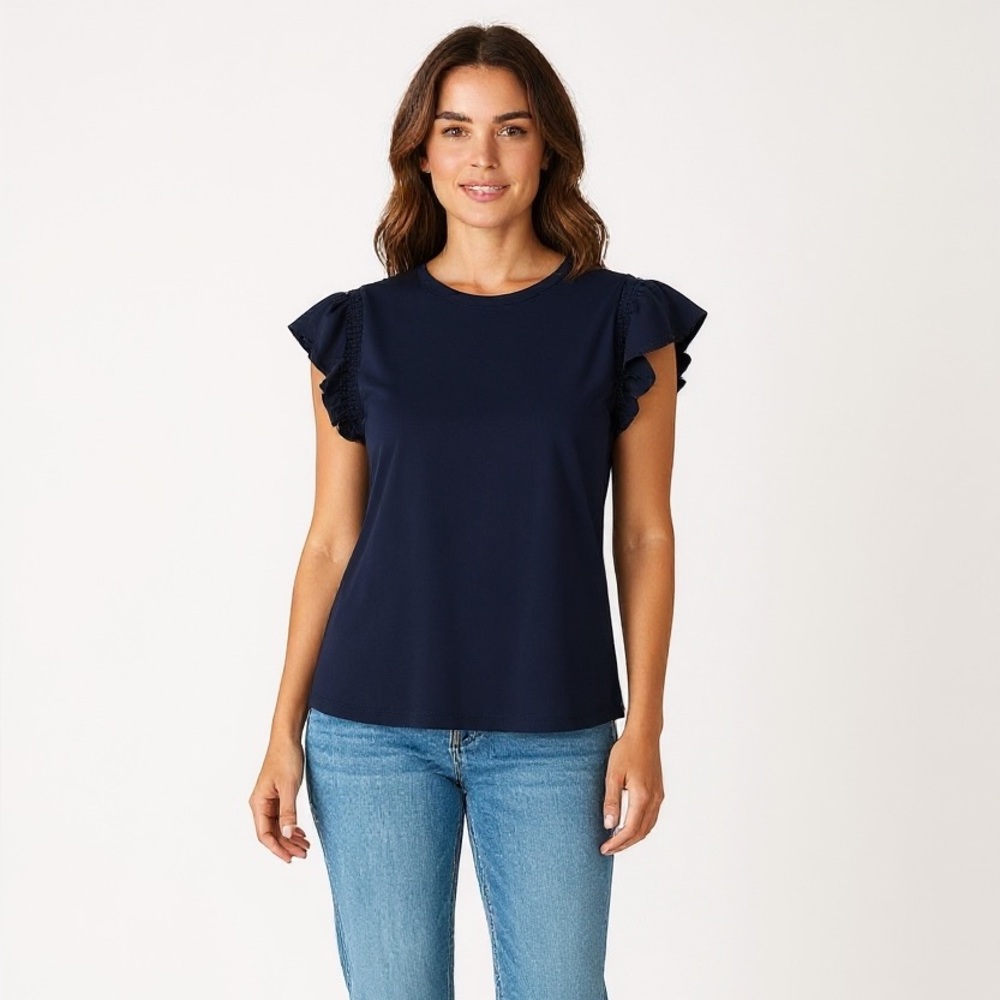 LOFT Navy Blue Top with Ruffle Short Sleeves Womens Size Small